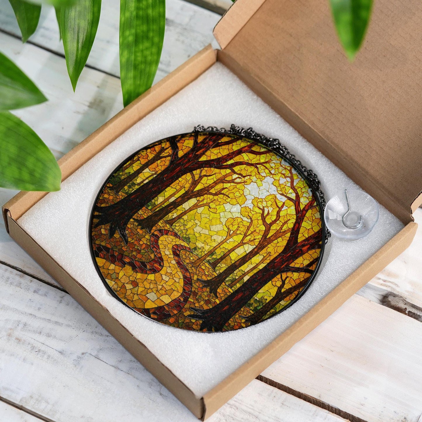 Autumn Forest Path Round Suncatcher Stained Glass Window Decor Gift for Nature Lovers