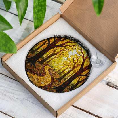 Autumn Forest Path Round Suncatcher Stained Glass Window Decor Gift for Nature Lovers