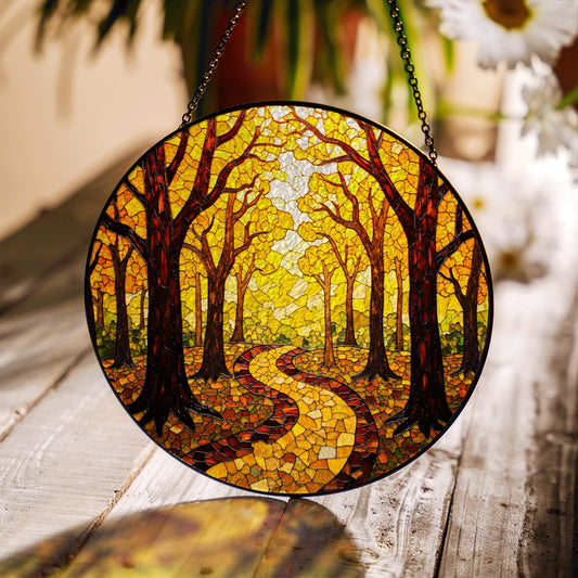 Autumn Forest Path Round Suncatcher Stained Glass Window Decor Gift for Nature Lovers