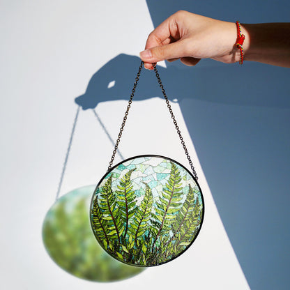 Green Fern Leaves Stained Glass Round Suncatcher Nature Window Decor Gift for Nature Lovers