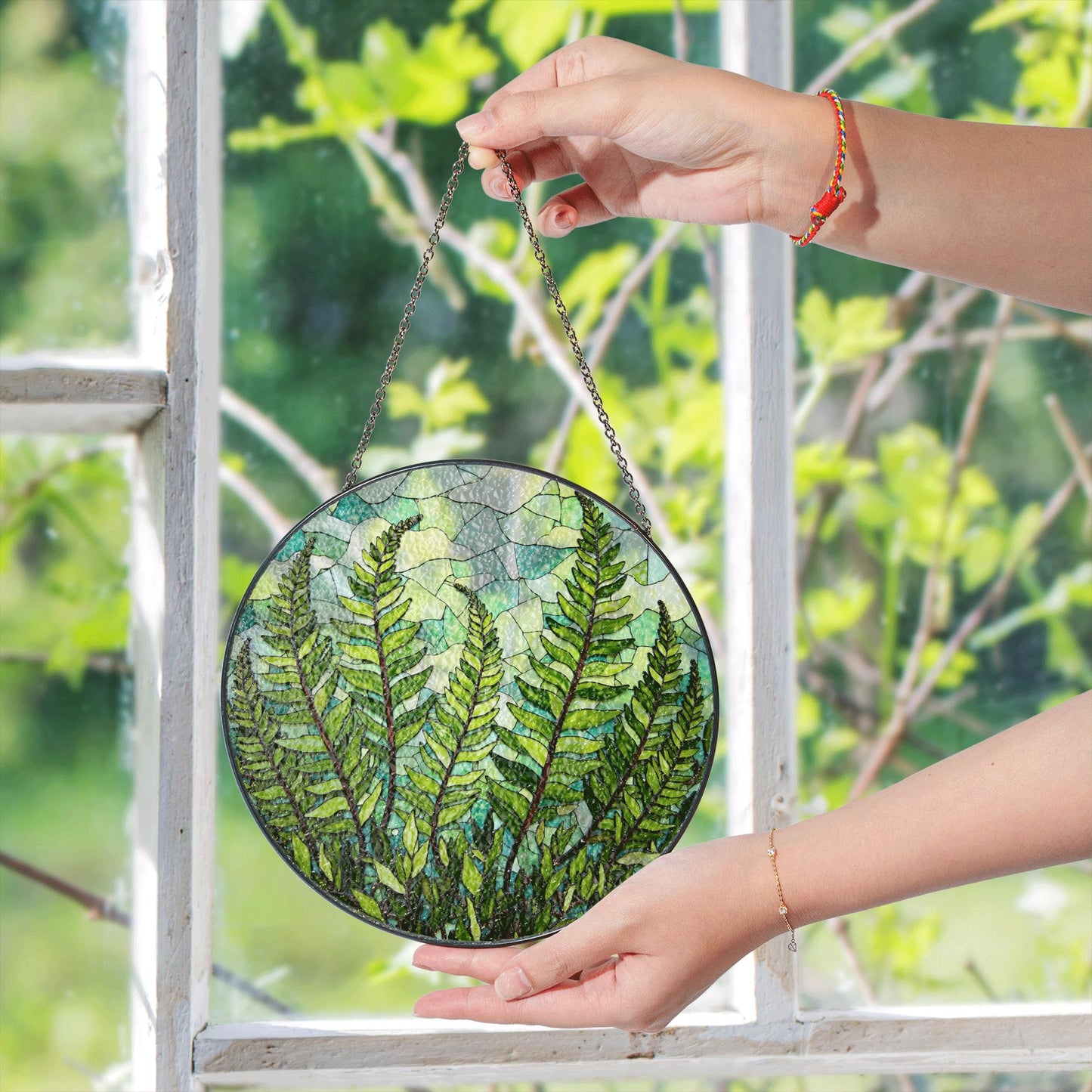 Green Fern Leaves Stained Glass Round Suncatcher Nature Window Decor Gift for Nature Lovers