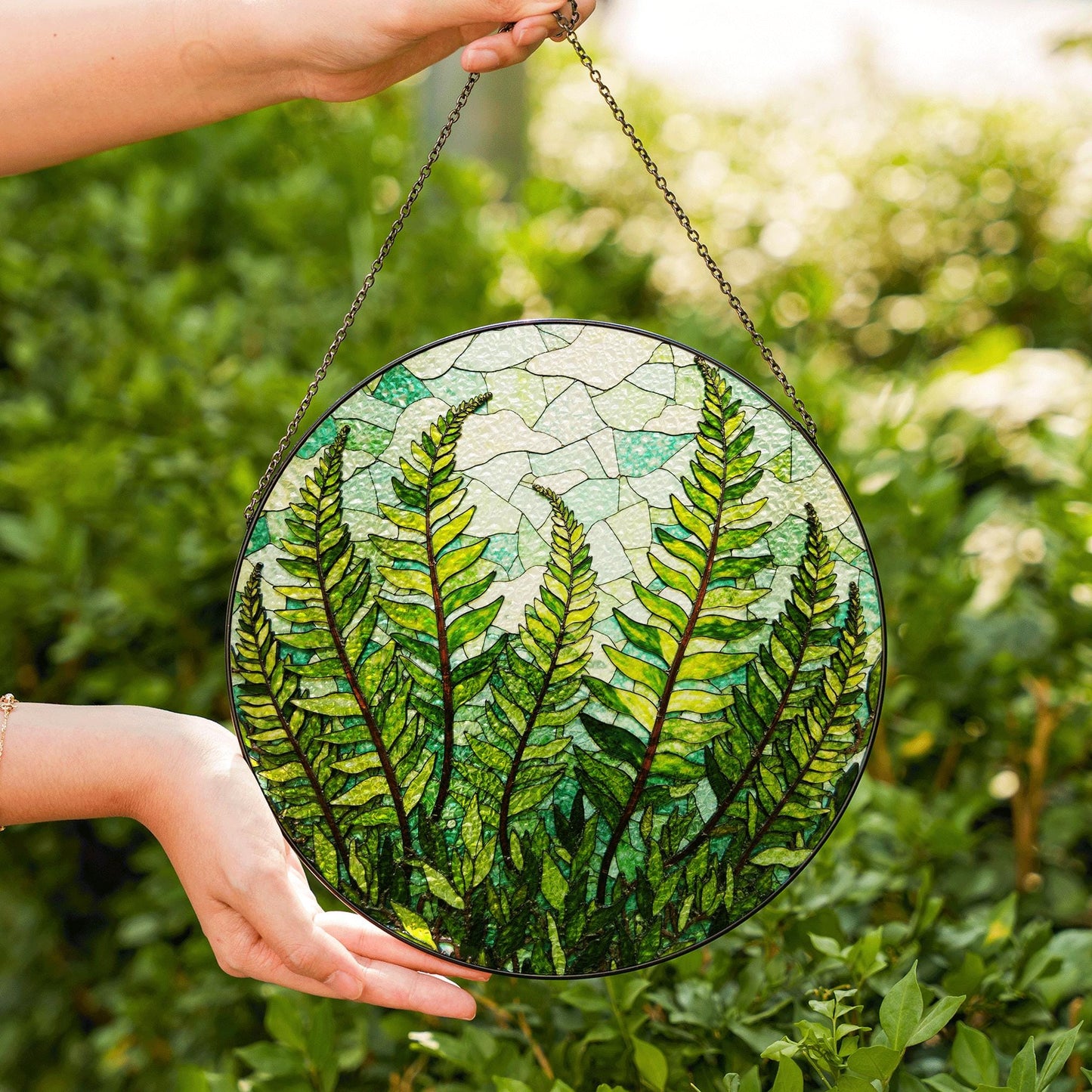 Green Fern Leaves Stained Glass Round Suncatcher Nature Window Decor Gift for Nature Lovers