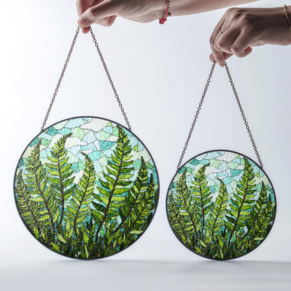 Green Fern Leaves Stained Glass Round Suncatcher Nature Window Decor Gift for Nature Lovers