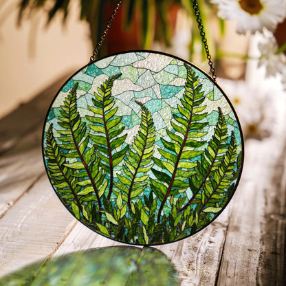 Green Fern Leaves Stained Glass Round Suncatcher Nature Window Decor Gift for Nature Lovers