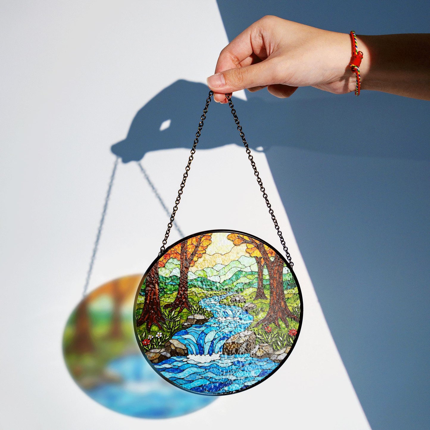 Forest waterfall creek stained glass suncatcher nature window hanging gift for outdoor lovers