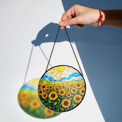 Vibrant sunflower field stained glass style round suncatcher gift for mom or sunflower lovers