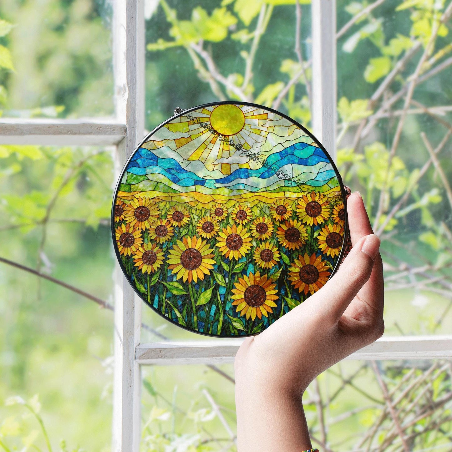 Vibrant sunflower field stained glass style round suncatcher gift for mom or sunflower lovers