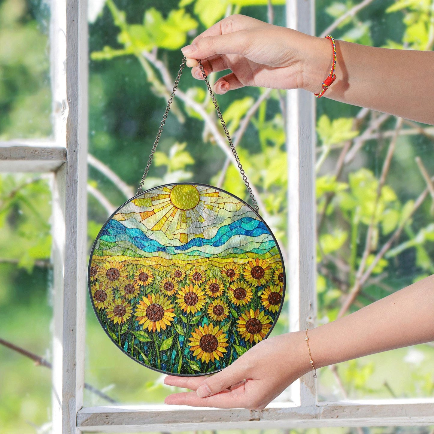 Vibrant sunflower field stained glass style round suncatcher gift for mom or sunflower lovers