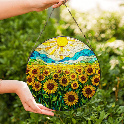 Vibrant sunflower field stained glass style round suncatcher gift for mom or sunflower lovers