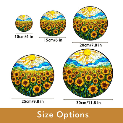 Vibrant sunflower field stained glass style round suncatcher gift for mom or sunflower lovers