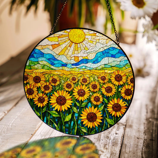 Vibrant sunflower field stained glass style round suncatcher gift for mom or sunflower lovers