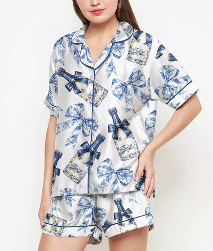 Coquette Champagne Pajamas Satin Set, Blue Floral Bows Shirt, Mother's Day Gift, Birthday Gift,Pjs For Women, Bridesmaid Gifts, Bachelorette
