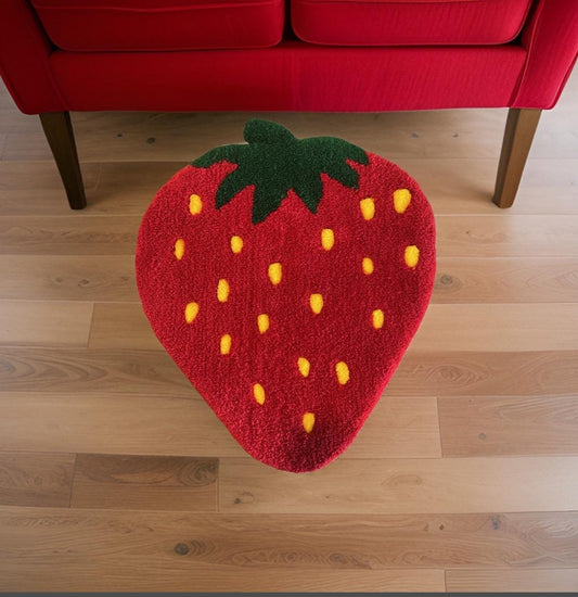 Strawberry Floor Rug for Nursery Area Decor for Bedroom Floor Mat for Playroom Dopamine Decor with Fruit Shaped Carpet with Backing Handmade
