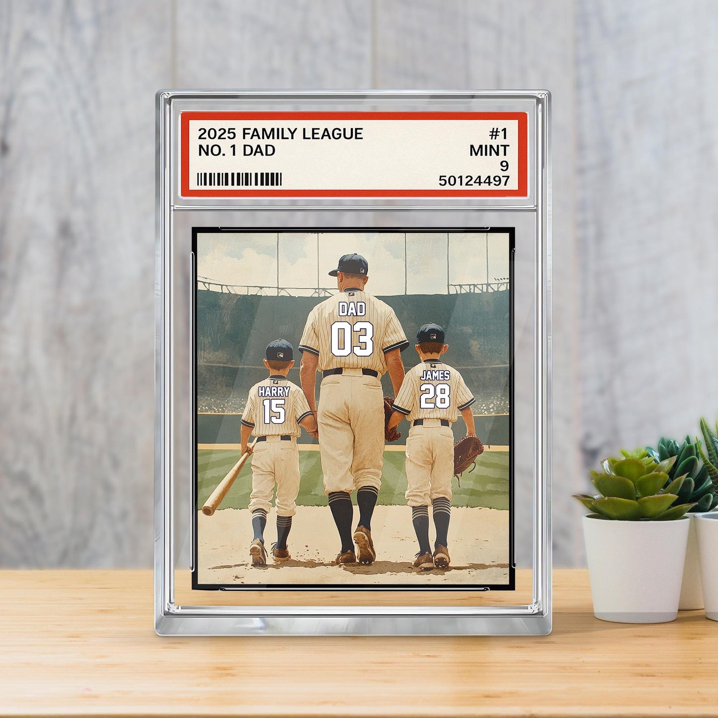 Personalized Baseball No. 1 Dad Man And Kids Trading Card Style Acrylic Block, Father's Day Gift For Baseball Dad, Custom Dad Acrylic Plaque