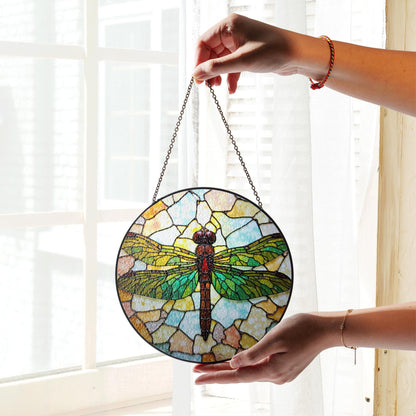 Green Dragonfly Stained Glass Suncatcher Round Window Decor Gift for Nature Lover