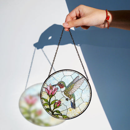 Hummingbird and pink flowers round glass suncatcher window decor gift for bird lover mom