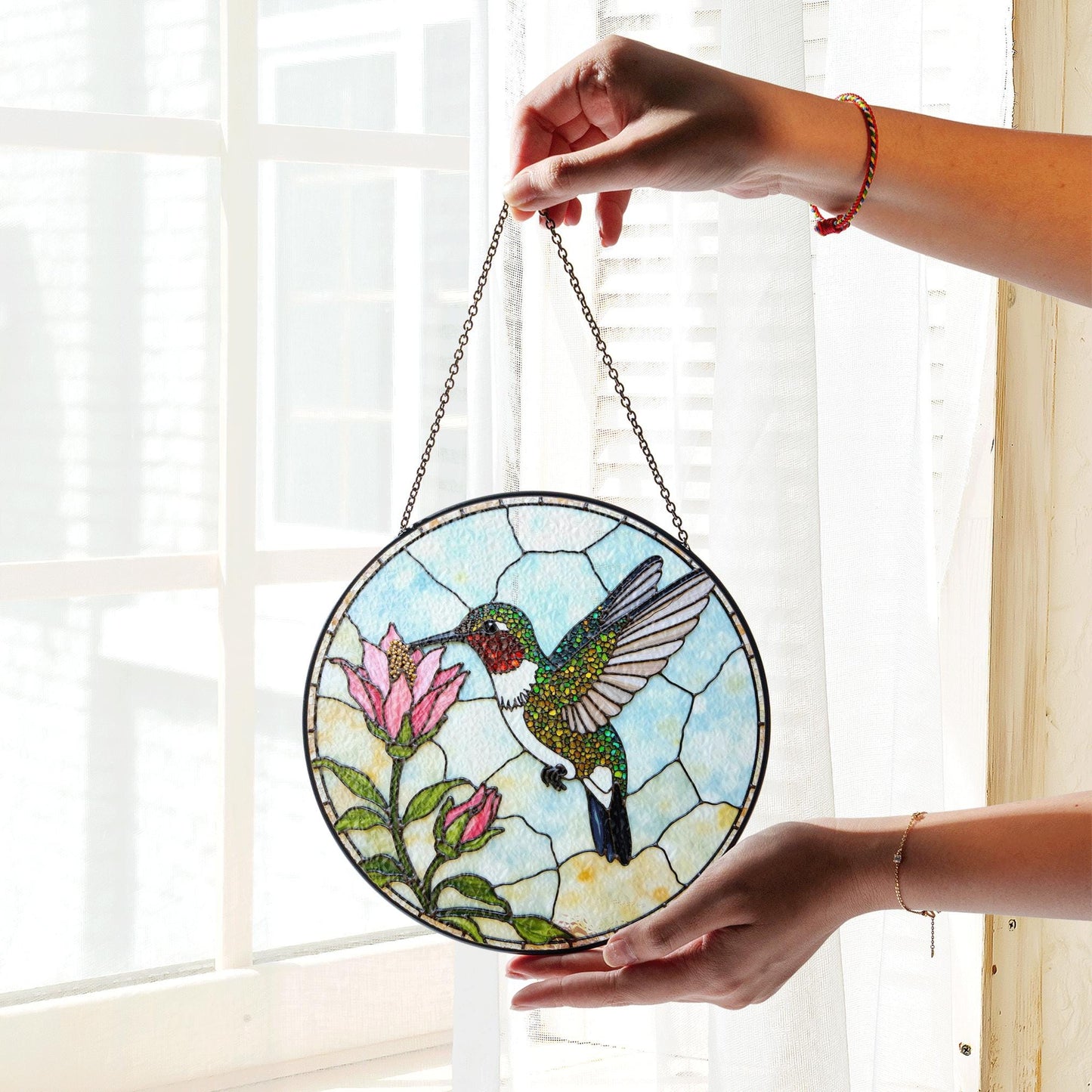 Hummingbird and pink flowers round glass suncatcher window decor gift for bird lover mom