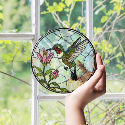 Hummingbird and pink flowers round glass suncatcher window decor gift for bird lover mom