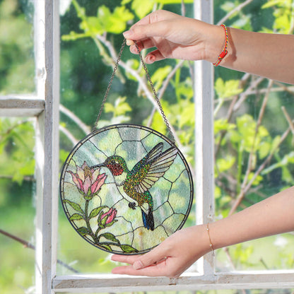 Hummingbird and pink flowers round glass suncatcher window decor gift for bird lover mom
