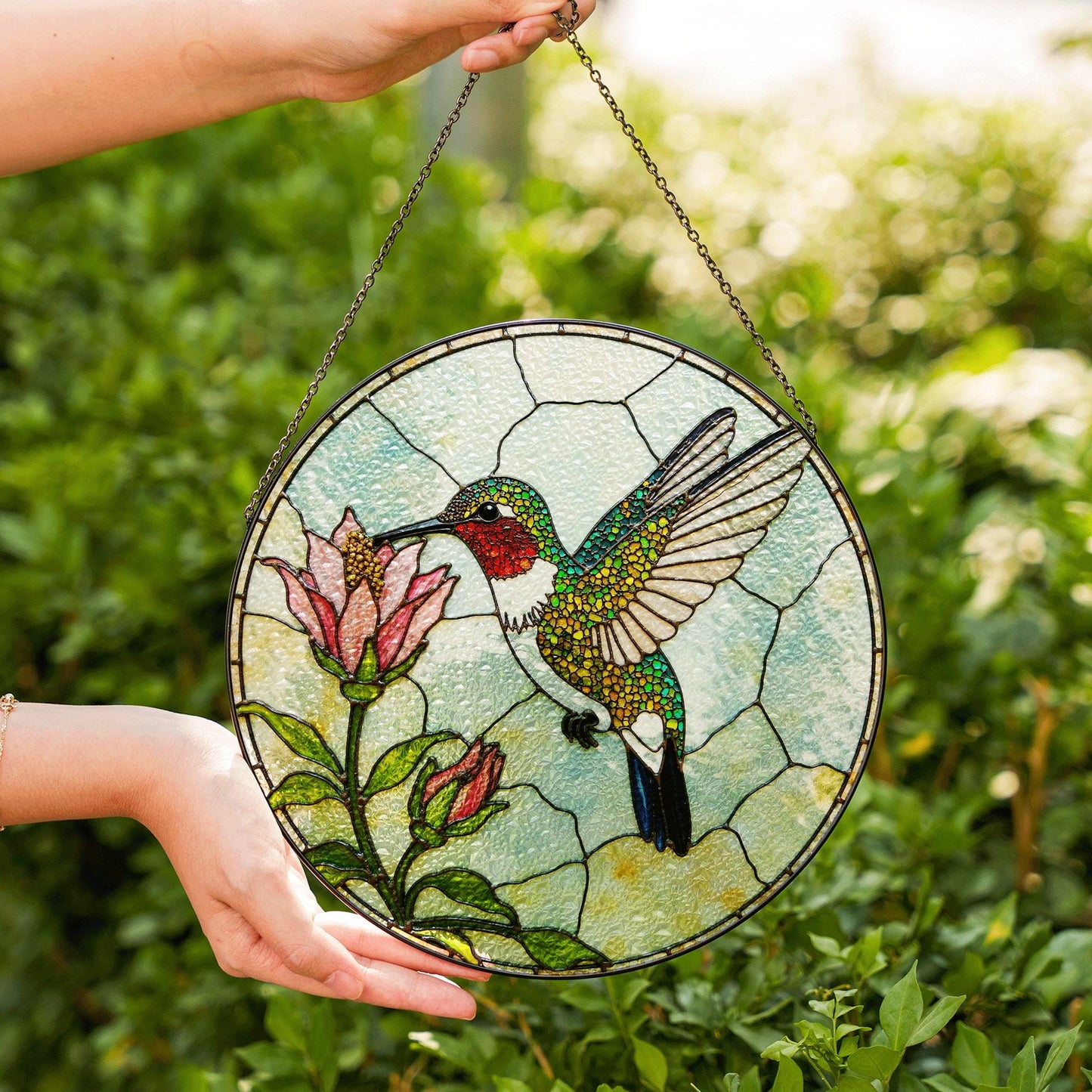 Hummingbird and pink flowers round glass suncatcher window decor gift for bird lover mom