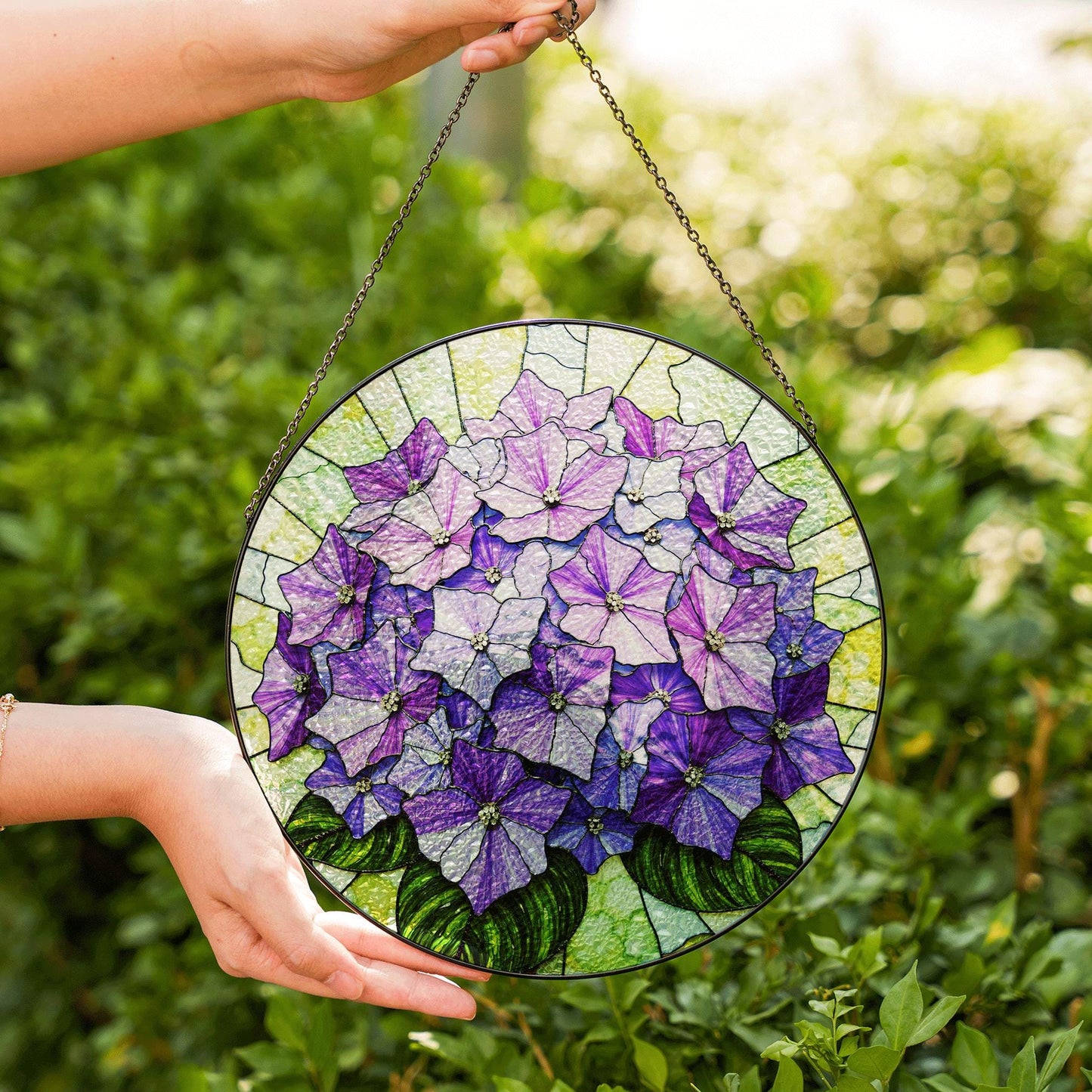 Purple hydrangea floral round stained glass suncatcher window hanging gift for mom