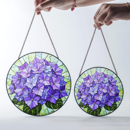Purple hydrangea floral round stained glass suncatcher window hanging gift for mom
