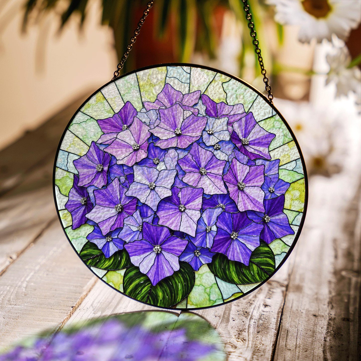 Purple hydrangea floral round stained glass suncatcher window hanging gift for mom