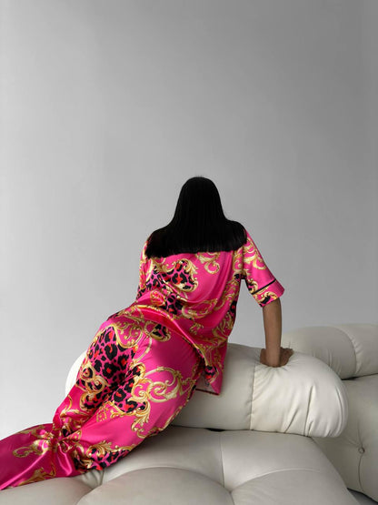 Hot Pink Baroque Leopard Satin Pajama Set | Bold Women's Sleepwear | Short Sleeve Button Down Top & Pants | Luxury Lounge Set Gift for Her