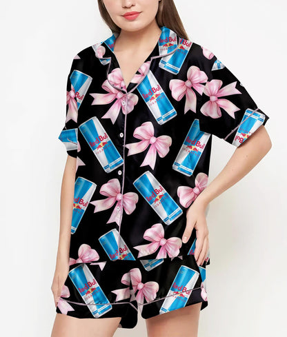 Bull Sugar Free Pink Coquette Bow Pajamas Satin Set, Energy Drink Shirt, Mother Gift, Birthday Gift, Pjs For Women, Bridesmaid Gifts, Party