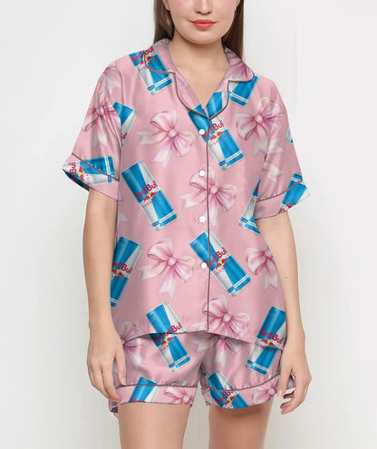 Bull Sugar Free Pink Coquette Bow Pajamas Satin Set, Energy Drink Shirt, Mother Gift, Birthday Gift, Pjs For Women, Bridesmaid Gifts, Party