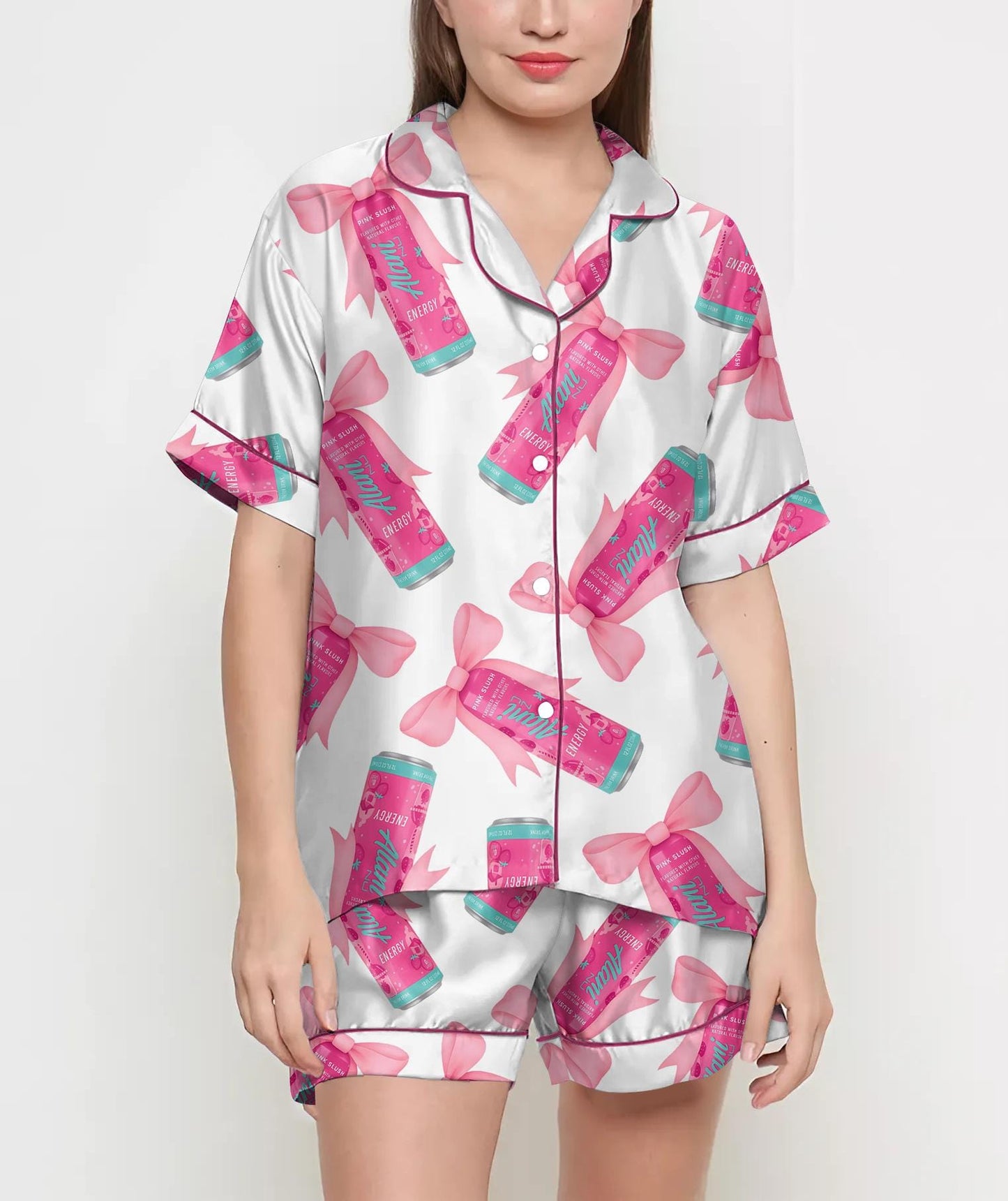 Coquette Pink Bow Alani Pajamas Satin Set, Energy Drink Shirt, Mother's Day Gift, Birthday Gift,Pjs For Women, Bridesmaid Gifts, Party Gift