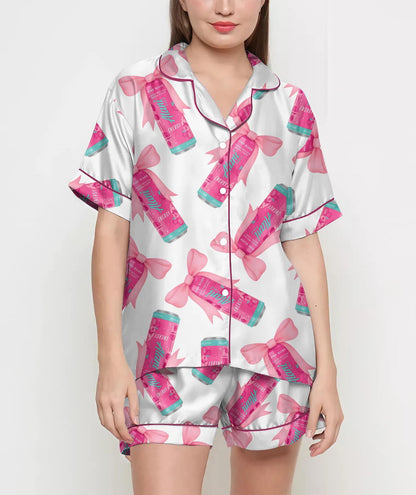 Coquette Pink Bow Alani Pajamas Satin Set, Energy Drink Shirt, Mother's Day Gift, Birthday Gift,Pjs For Women, Bridesmaid Gifts, Party Gift