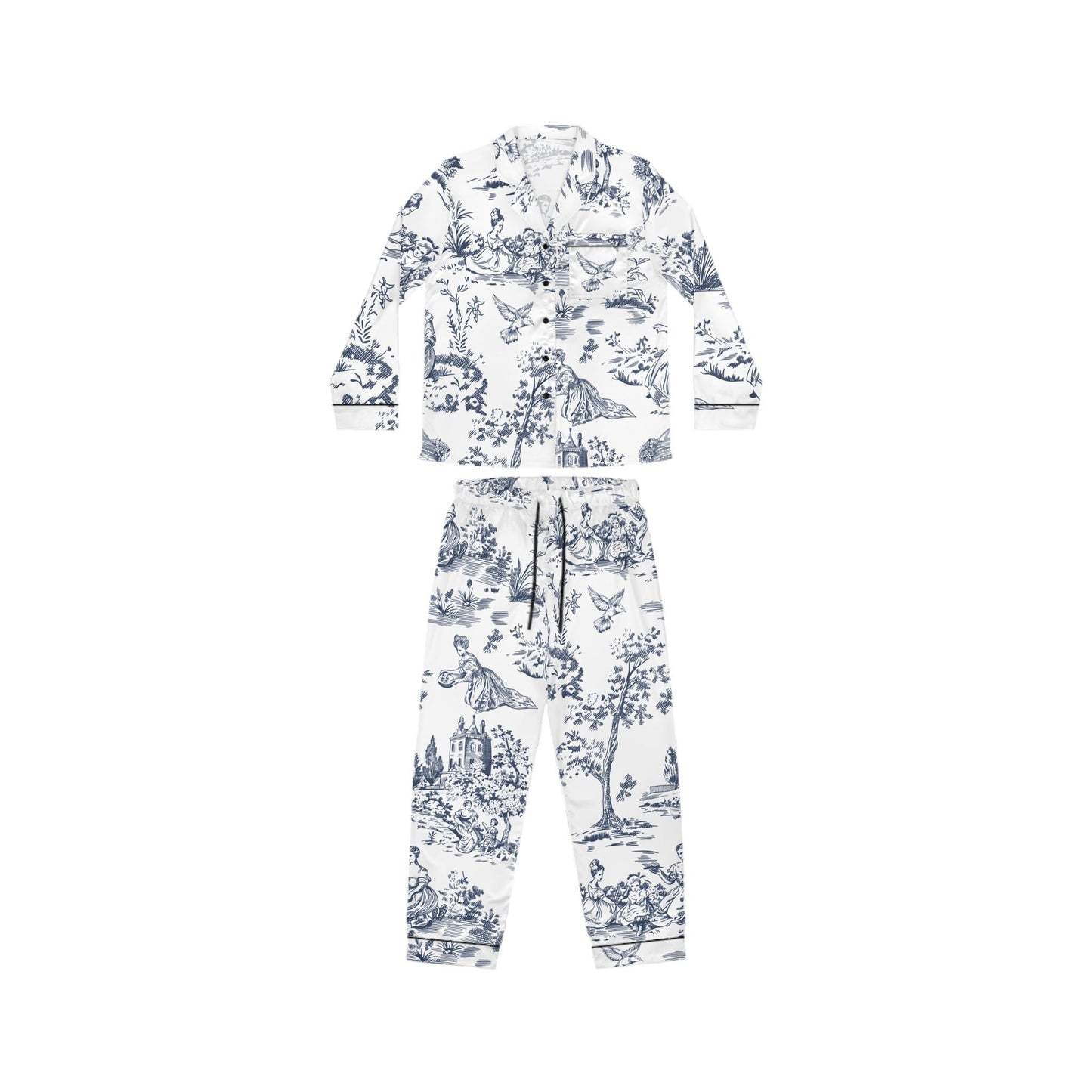 Toile De Jouy Pajamas, French Toile Satin Set, French Garden PJs, Blue Toile Pajama Pants, Bridal Party Gifts, Getting Ready PJs, Bridesmaid