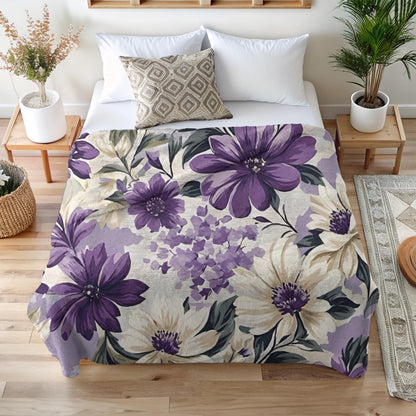 Purple Floral Velveteen Plush Blanket, Cozy Boho Throw, Gift for Her, Mom, Nature-Inspired Blanket, Spring, Summer Home Decor, Flower Lover