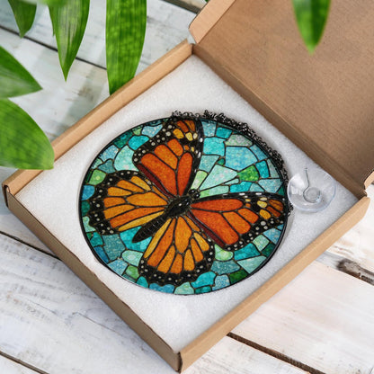 Monarch butterfly stained glass suncatcher round window decor gift for nature lover