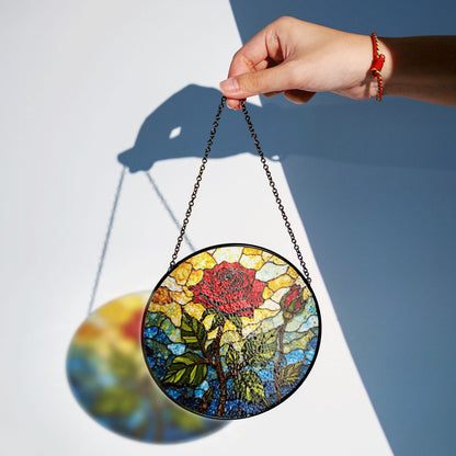 Red rose and bud stained glass floral suncatcher romantic window decor gift for wife or girlfriend