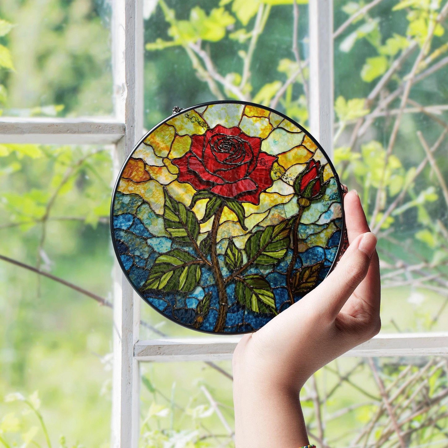 Red rose and bud stained glass floral suncatcher romantic window decor gift for wife or girlfriend
