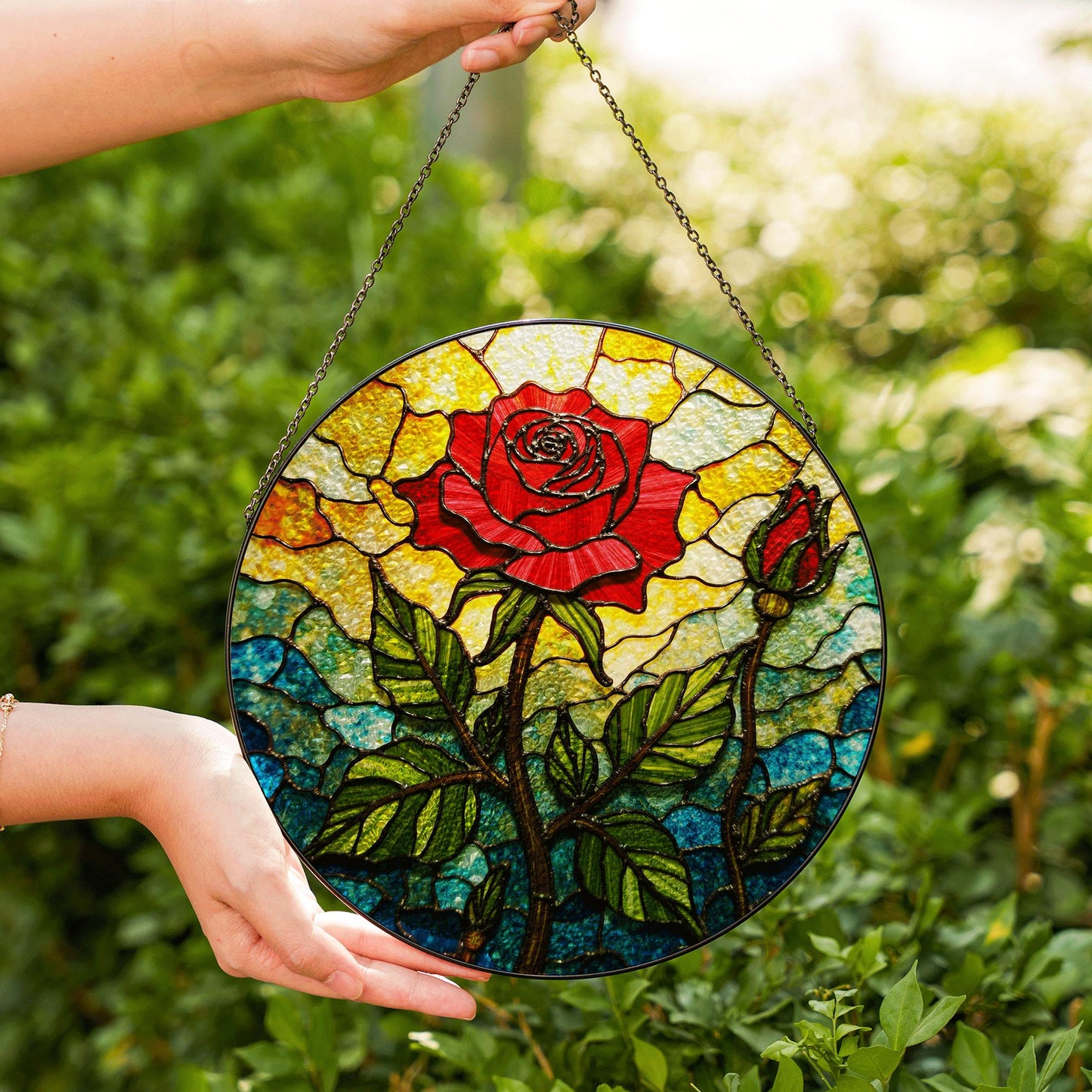 Red rose and bud stained glass floral suncatcher romantic window decor gift for wife or girlfriend