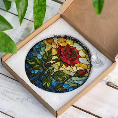 Red rose and bud stained glass floral suncatcher romantic window decor gift for wife or girlfriend
