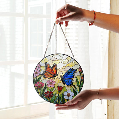 Stained glass butterflies in wildflower garden round suncatcher window decor gift for mom