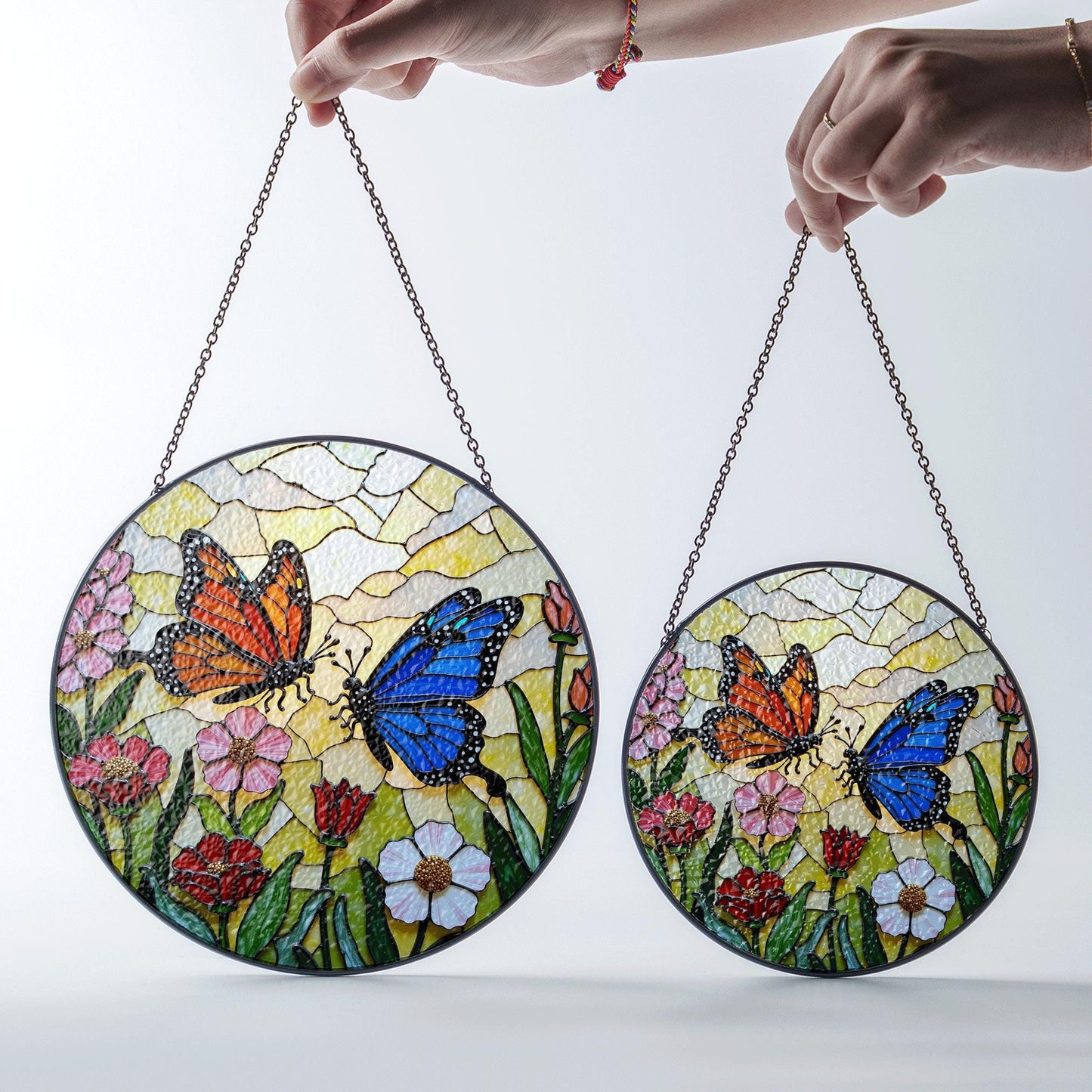 Stained glass butterflies in wildflower garden round suncatcher window decor gift for mom