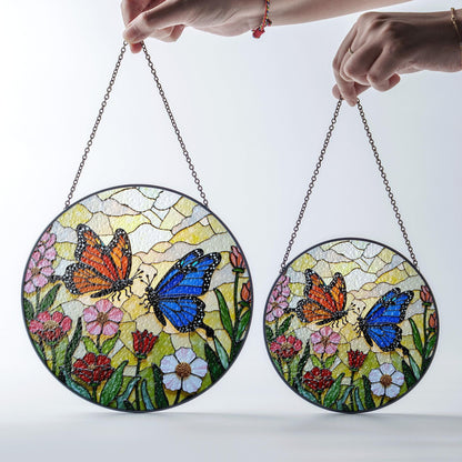 Stained glass butterflies in wildflower garden round suncatcher window decor gift for mom