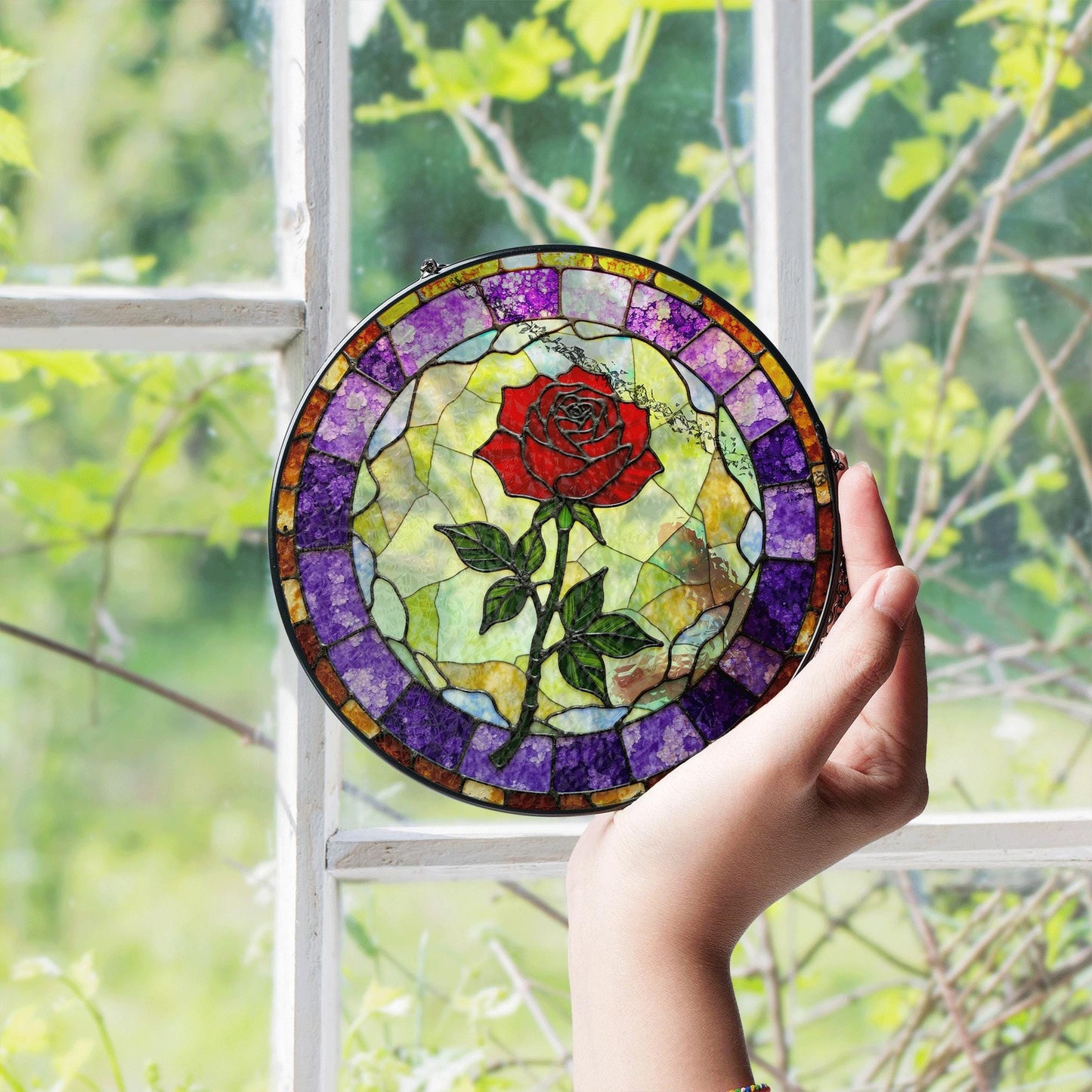 Red rose bloom with purple mosaic round stained glass suncatcher gift for flower lovers