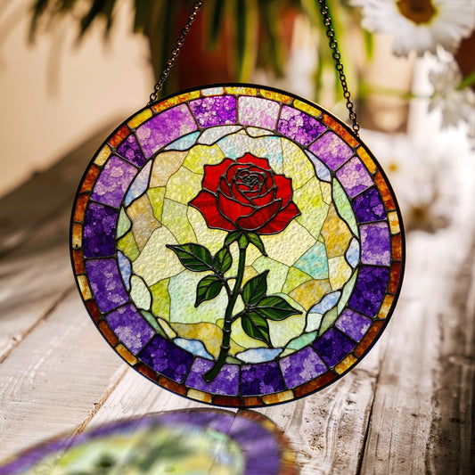 Red rose bloom with purple mosaic round stained glass suncatcher gift for flower lovers