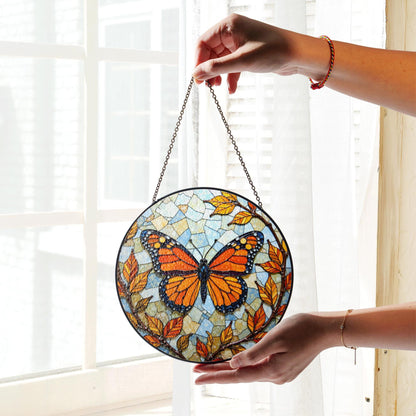 Stained glass monarch butterfly round suncatcher window decor gift for nature lover