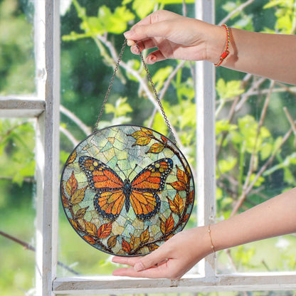 Stained glass monarch butterfly round suncatcher window decor gift for nature lover