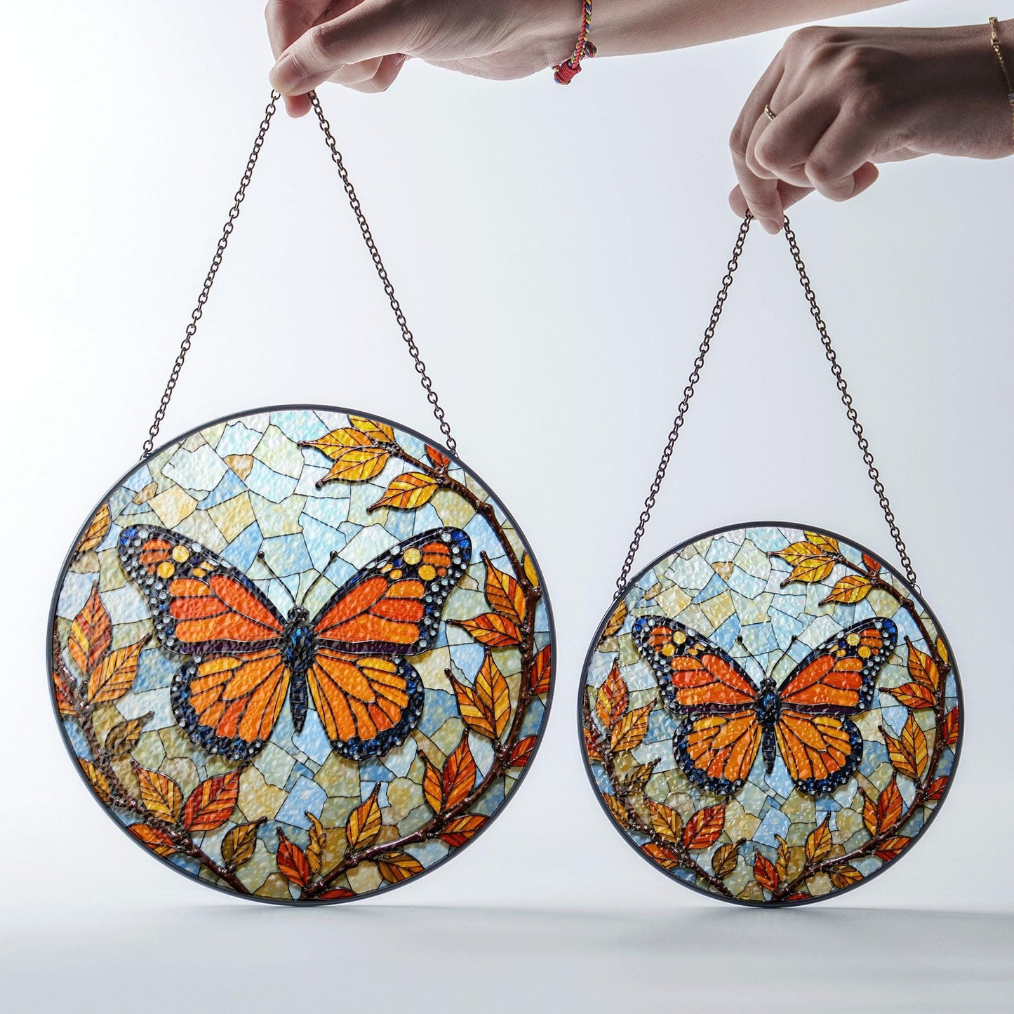 Stained glass monarch butterfly round suncatcher window decor gift for nature lover