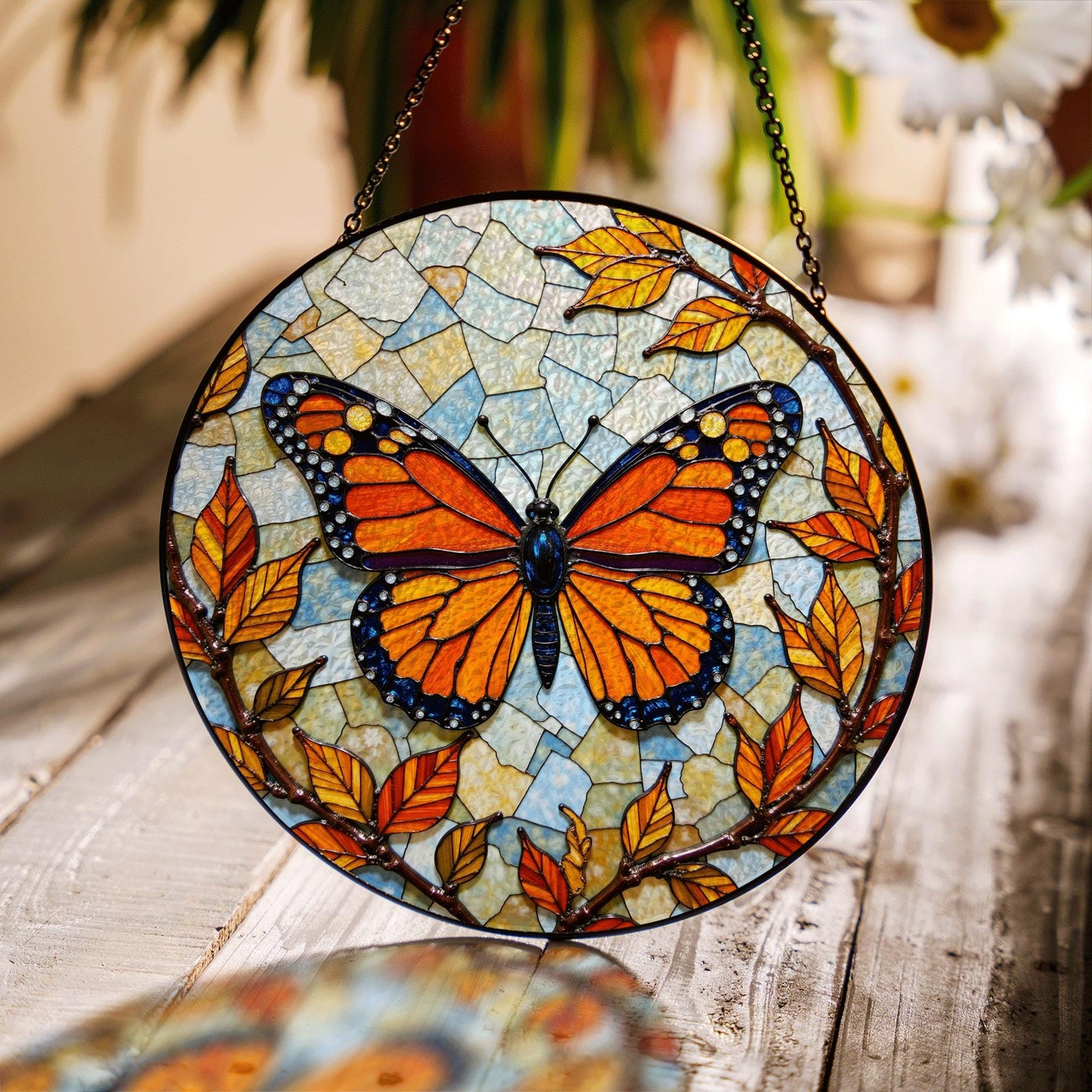 Stained glass monarch butterfly round suncatcher window decor gift for nature lover