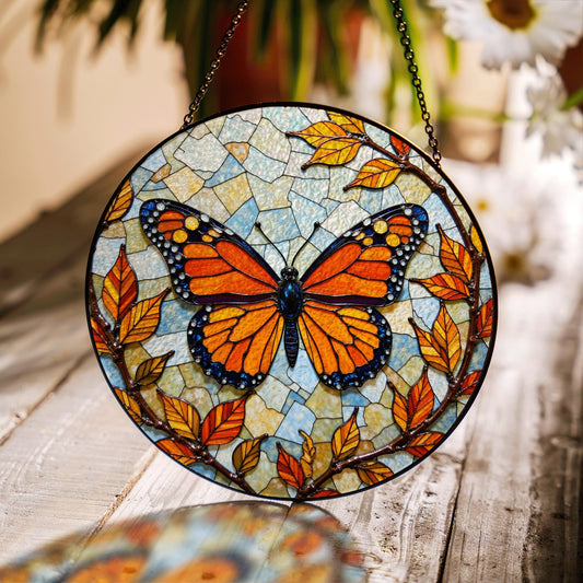 Stained glass monarch butterfly round suncatcher window decor gift for nature lover