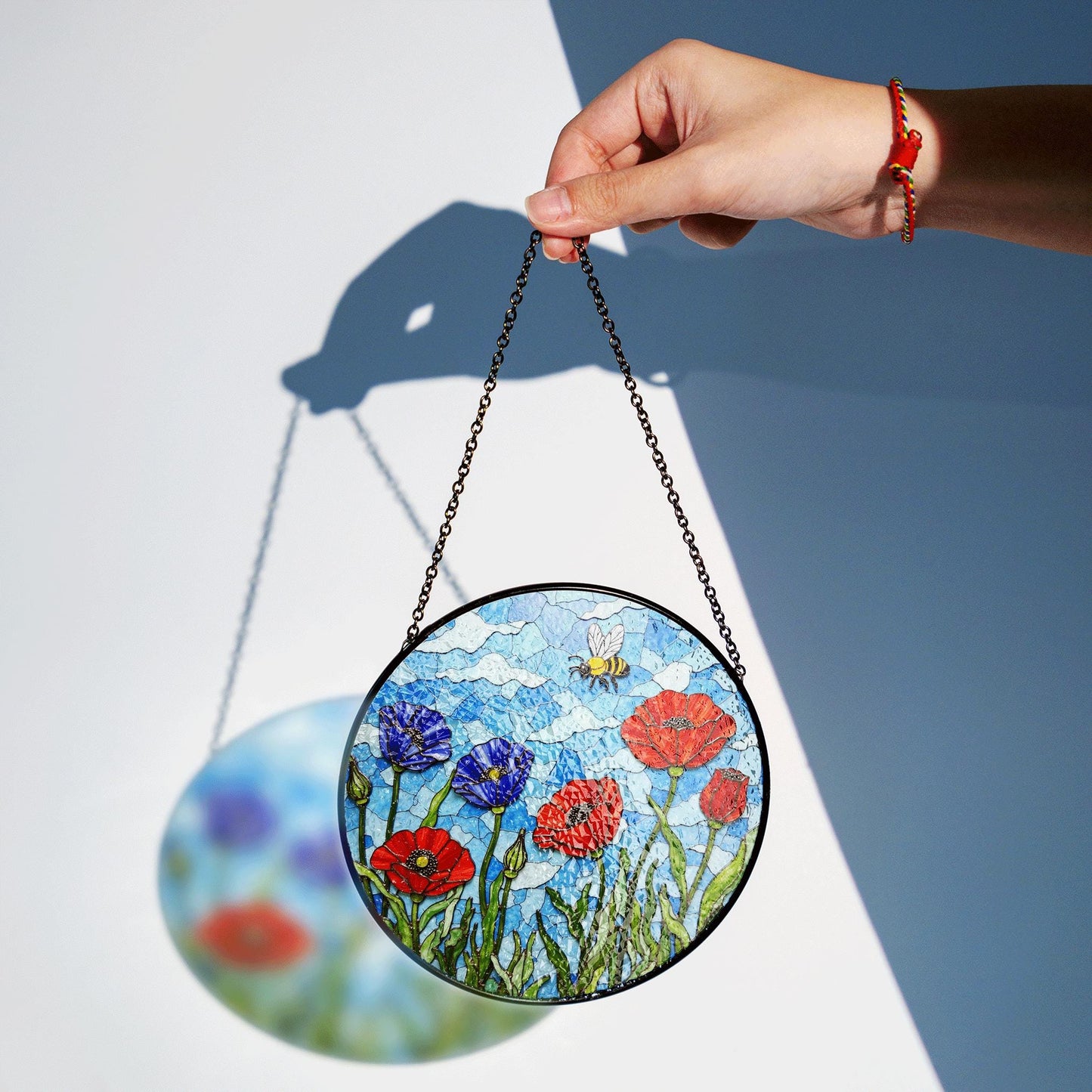 Bee and Wildflower Stained Glass Sun Catcher Round Window Decor Gift for Nature Mom